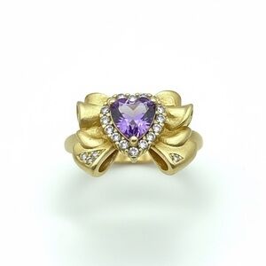 BRUSHED GOLD PURPLE HEART CZ BOW ADJUSTABLE RING
